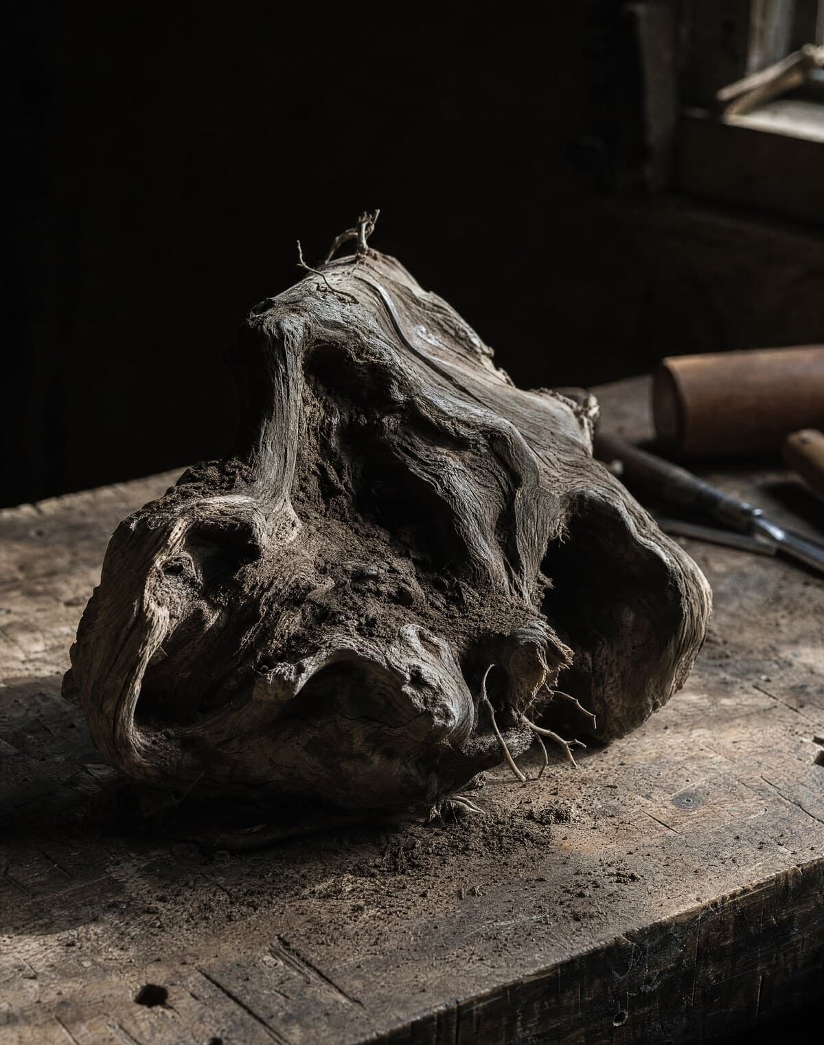An unworked burl root on the workbench, earth still in its crevices
